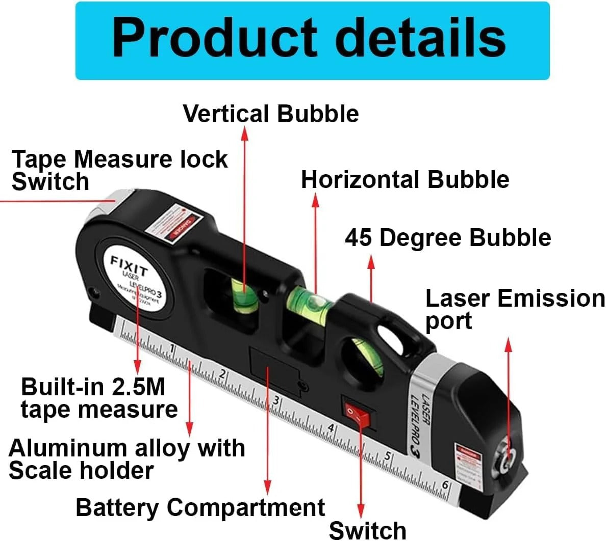 4 in 1 Fixit Laser Level Pro Multi-Purpose Measuring Tool With 8 Feet Tape